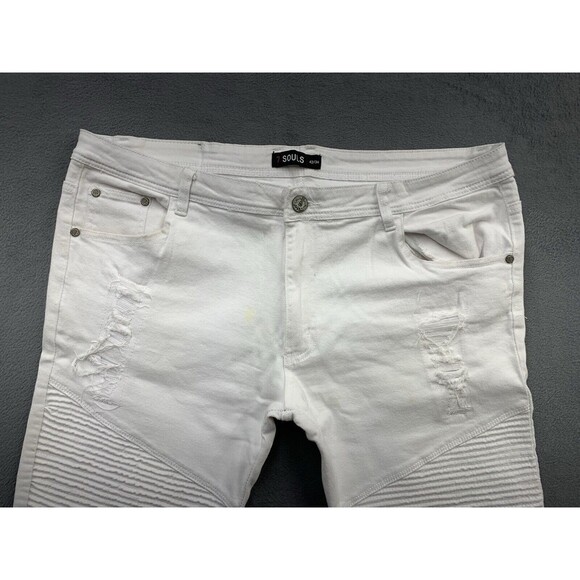 7 Souls +Denim Moto Jeans Mens 42X34 White Factory Destroyed Bikers Summer - Picture 10 of 16